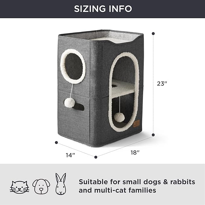 Bedsure 2 Story Cat House - Cat Condos for Indoor Cats with Scratch Pad and Fluffy Ball Hanging, Small Pet Cave Furniture Hideaway for Multi Pets, 18x14x23 inches, Dark Grey