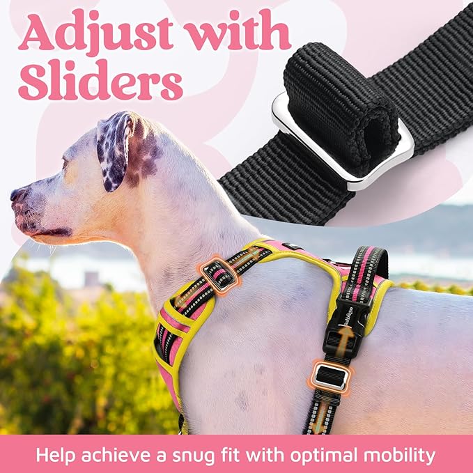 rabbitgoo Dog Harness Small Sized, No Pull Dog Vest with 3 Buckles, Adjustable Soft Padded Pet Harness with Easy Control Handle and Reflective Strips, Pink & Yellow, S