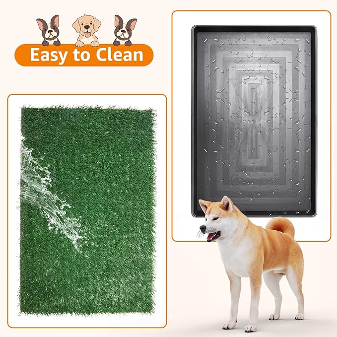 LOOBANI Dog Grass Pad with Tray Large Dog Litter Box, Indoor Potty for Apartment and Patio Training, with 2 Packs Fake Grass Pee Pads for Replacement (Tray Potty 23.6 * 35.5inch)