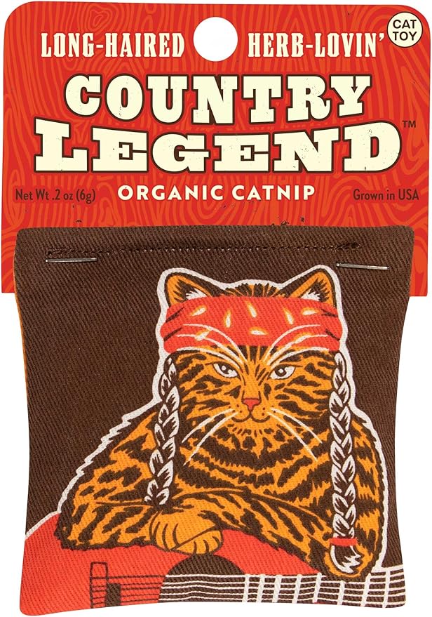 Blue Q Long-Haired, Herb-Lovin' Country Legend Catnip Cat Toy. Premium Organic Catnip Grown in The USA, 100% Cotton Pouches, Kitty Graphics Sure to Delight Every Cat-Keeper.