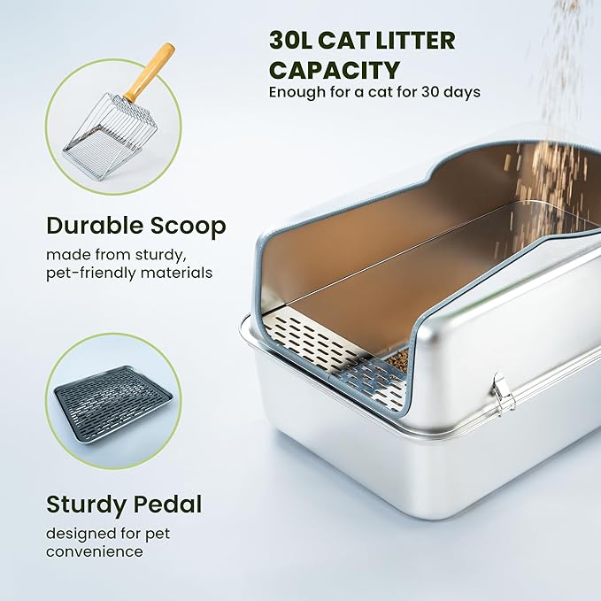 Cattasaurus 100% Stainless Steel Litter Box Enclosure for Large Cats 30+ lbs, Odor-Free & Easy to Clean, Multi Cat Litter Box with Cover, Long-Lasting XL Metal Litter Box with High Side, Scoop & Pedal