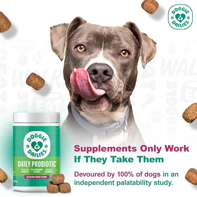 Doggie Dailies Probiotics for Dogs, Advanced Probiotics with Prebiotics, Promotes Digestive Health, Supports Immune System & Overall Health, Duck Flavor, 225 Chews