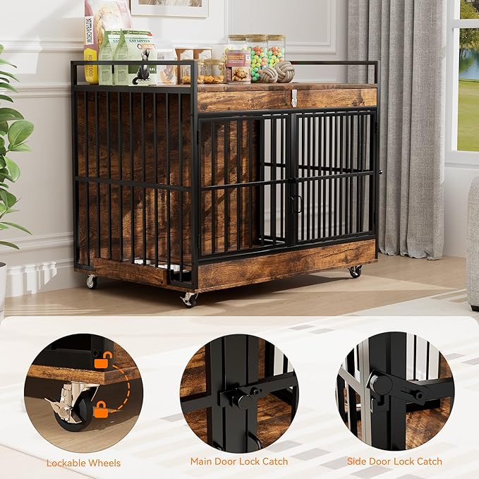 Dog Crate Furniture Large Breed with 2 Stainless Steel Bowls, Large Wooden Dog Crate Table, Escape-Proof & Chew-Proof XL Furniture, Decorate House As TV Stand, End Table, 45" L X 30" W 37" H