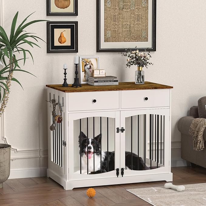 BREEZEHEAT 40 inch Dog Crate Furniture-Farmhouse Dog Kennel with Drawers-End Table Wooden Pet Crate, Double Door Design, Decorative Dog House Indoor for Small Medium Large Dog, White