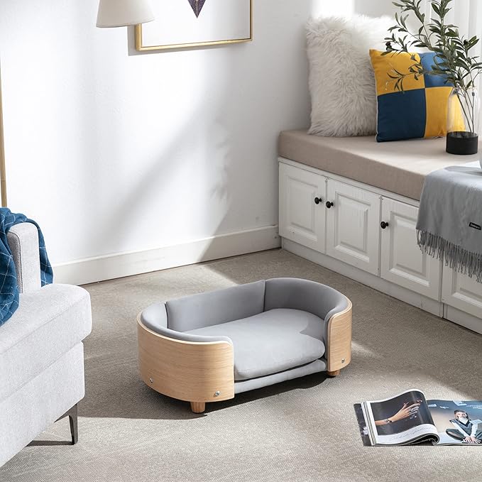 Luxury Dog Bed Pet Sofa - Solid Wood Legs & Bent Wood Back, Removable Washable Velvet Cushion, Modern Pet Furniture for Small/Medium Dogs/Cats (Light Grey)