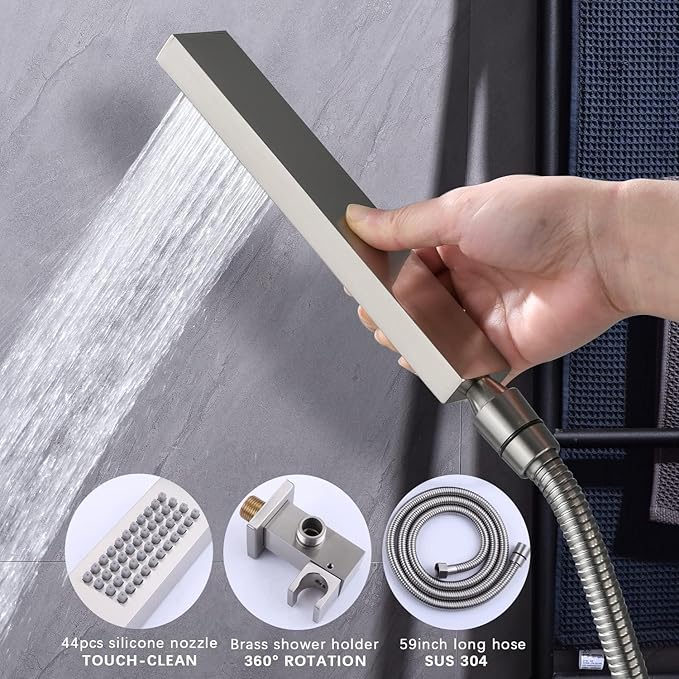 Shower System Brushed Nickel Shower Faucet Set with 12 Inch Ceiling Mounted and 8 Inch Wall Mounted Dual Shower Head and Handle Set with Temperature Display Function