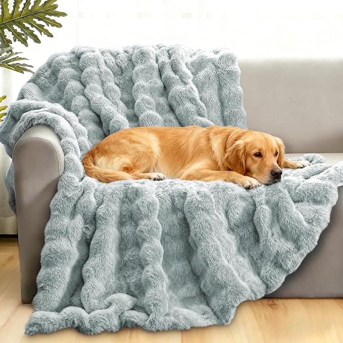 Waterproof Dog Blanket for Sofa Bed Couch, Couch Cover Blanket Fluffy Faux Rabbit Fur Reversible Furniture Protection, Pet Blanket for Medium Large Dogs Cats