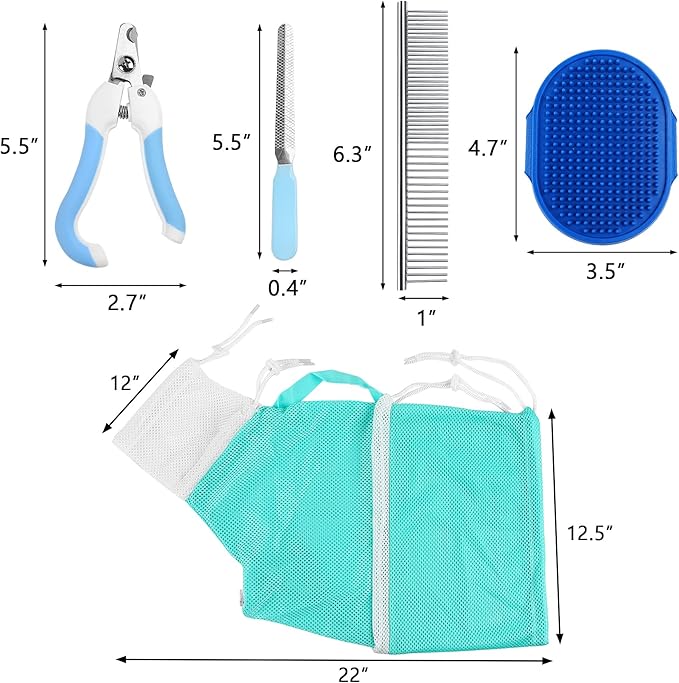 JULMELON Cat Washing Bag 10 PCS Set, Adjustable Cat Shower Net Bag and Pet Grooming Brush with Nail Clipper Nail File Hair Combs Tick Tool Nail Caps for Bathing Nail Trimming Examination（Grey+Green）