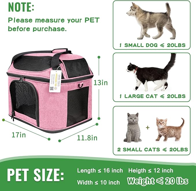 Large Cat Carrier Pet Carrier, Oeko-TEX Certified Soft Side Pet Carrier for Cat, Small Dog, Collapsible Travel Small Dog Carrier, TSA Airline Approved Cat Carrier for Cats 20 lb,Pink