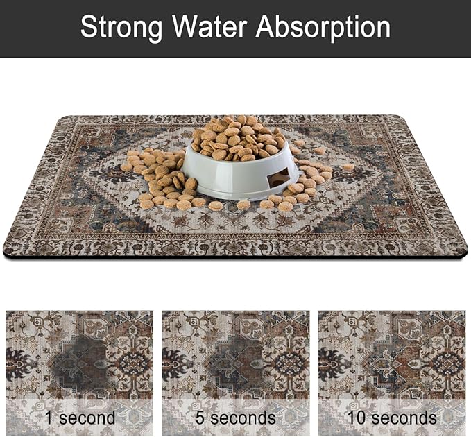 2 Pack Dog Food Mats for Floors, Absorbent and Quick-Drying Pet Cat Food Mat,Anti-Fouling and Easy-to-Clean Pet Feeding Mat,Dog Bowl Mat for Messy Drinking Water Bowls.12 x20+18"x24", Bohemia Style
