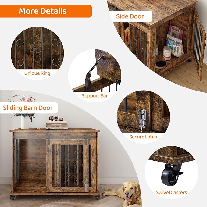 IchbinGo Dog Crate Furniture with Sliding Barn Door, 39" Wooden Dog Kennel End Table with Wheels and Flip-top Plate Dog House with Detachable Divider for Small/Medium/Large Dog (Rustic Brown)
