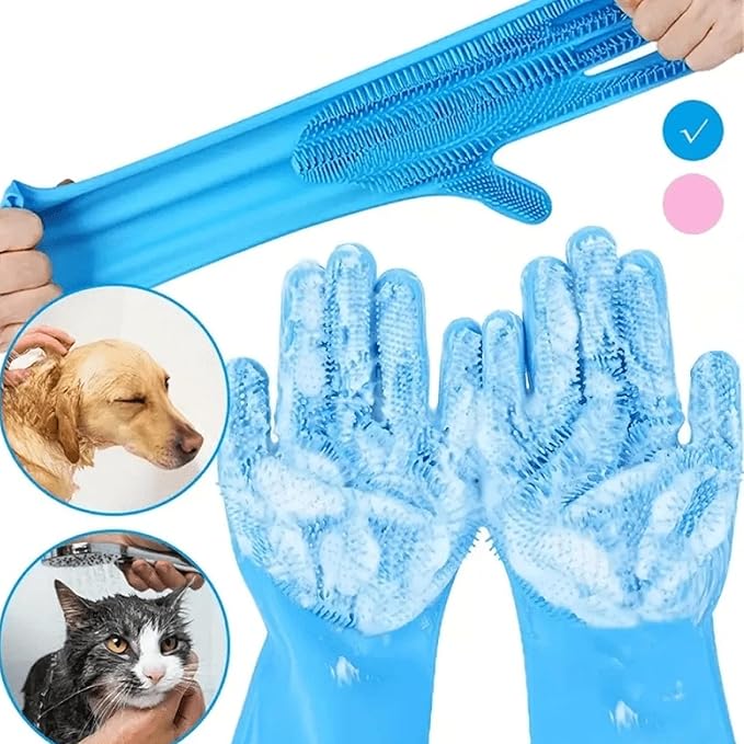 Pet Grooming Gloves，Heat-Resistant Silicone Gloves with High-Density Teeth for Enhanced Massaging and Bathing of Dogs and Cats (Blue, 2 Pair)