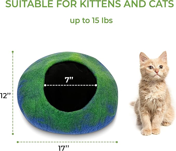 Woolygon Premium Felt Cat Cave Bed – Wool Kitty Beds Handcrafted Kitten Caves Bed for Indoor Cats - Made from 100% Eco-Friendly Merino Wool, Foldable Cat Hidewawy Covered Cat Houses (Emerald Indigo)