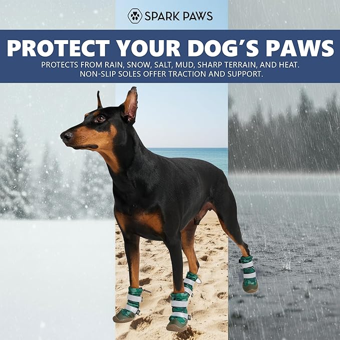 Spark Paws Dog Shoes, Waterproof Dog Boots for Medium to Large Dogs, Non Slip, Breathable Dog Booties and Paw Protectors - 4PCS Doggie Hiking Boots with Reflective Straps, Green Camo, Size 3