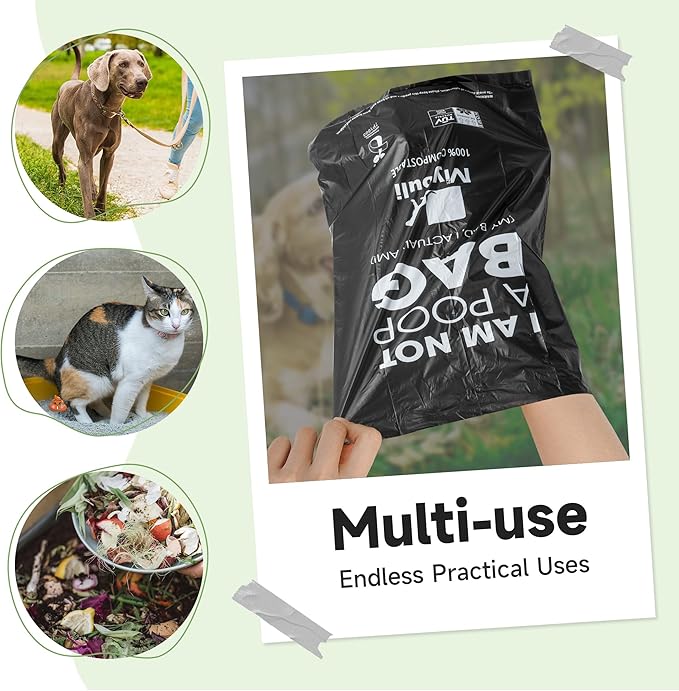 Certified Compostable Poop Bags for Dogs, 240 Poop Bags (16 Rolls),Landfill Friendly, Leak Proof Unscented Easy Open Poop Waste Bag（Black）