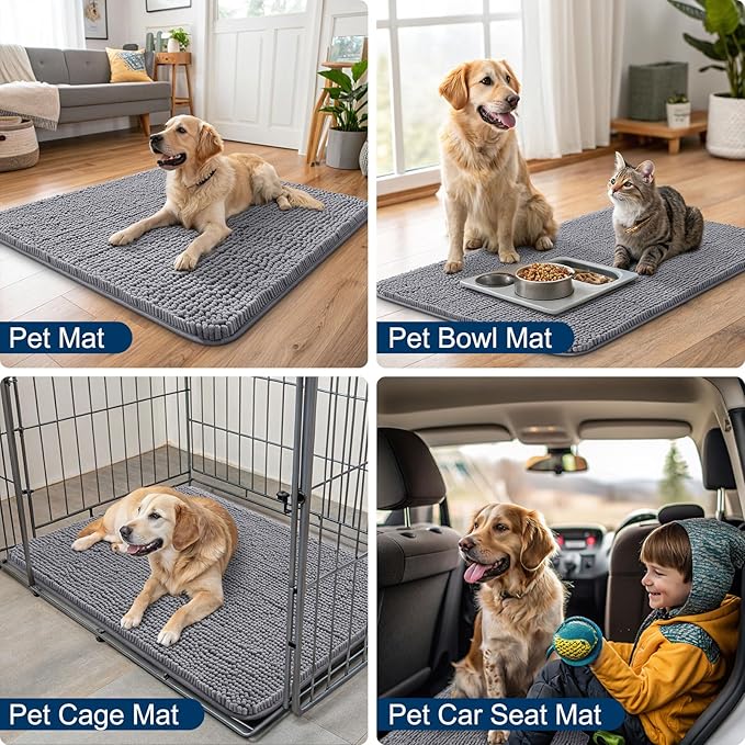 Smiry Dog Door Mat for Muddy Paws 70x35, Absorbs Moisture and Dirt Doormat, Non-Slip Washable Quick Dry Chenille Front Door Mat Indoor Entrance, Entryway Carpet for Inside Floor, Grey