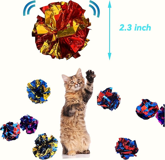 Cat Crinkle Ball Toys 10 Packs for Indoor Cats to Kill Time and Keep Fit, 2.3 Inch Colorful Mylar Crinkle Balls Attract Cats to Swat, Bite, Hunt, Interactive Toys for Cats and Kittens