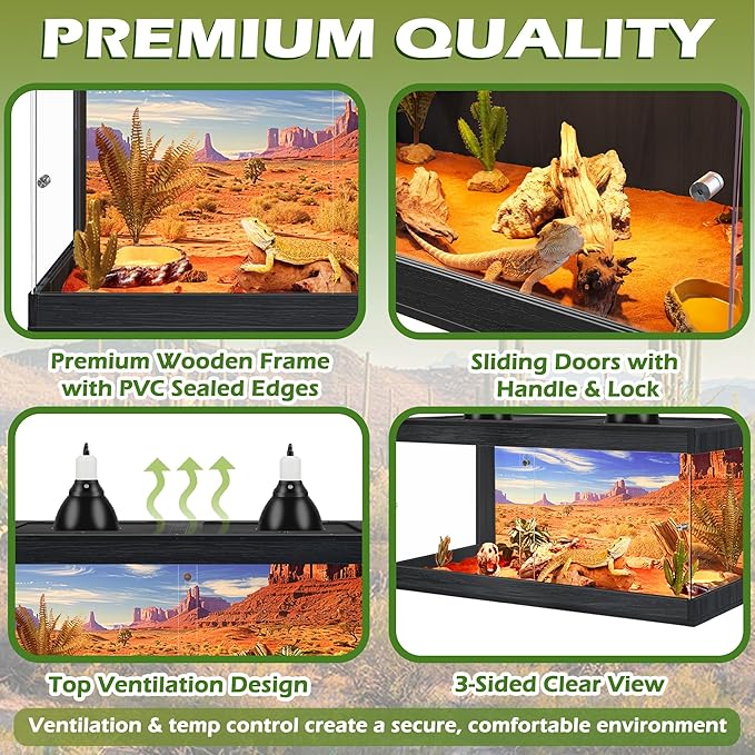 Royxen Bearded Dragon Tank, Tempered Glass Reptile Terrarium with Metal Mesh Top, 3-Side Clear Anti-Scratch Glass Lizard Tank for Reptile Habitat (Black, 34 Gallons,32" Length)