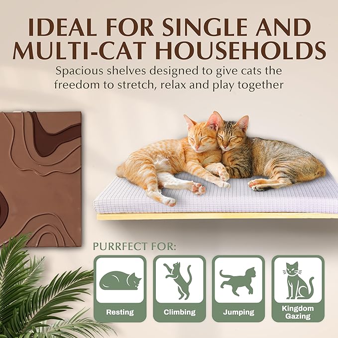 Extra Large 23.6”x12.6” CALLICO HAVEN- Stylish Cat Wall Shelves with Cushion, Modern Wall-Mounted Cat Tree Furniture, Window Cat Shelf & Perch, Sturdy/Hidden Mounts, Washable Cover - Flat Shape