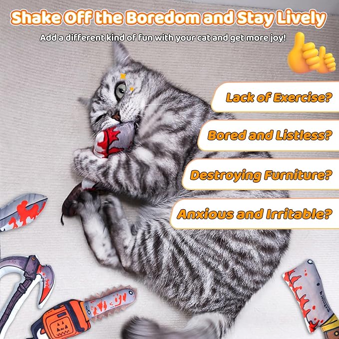 Cat Toys [8000mg Premium Catnip] Cartoon Colorful Style Horror Funny Knife Catnip Cat Toys Durable Rattle Sound Toy for All Cat Breeds Indoor Interactive Kitten Toys Get Bored Cats Active 4 PCS