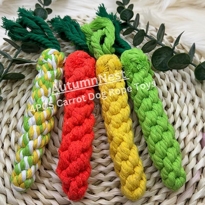 4PCS Mixed Color Woven Pet Chew Set (Yellow, Green, Orange, Rainbow), Dog Chew Toys, Cat Teething Toys, Durable & Safe Interactive Pet Toys