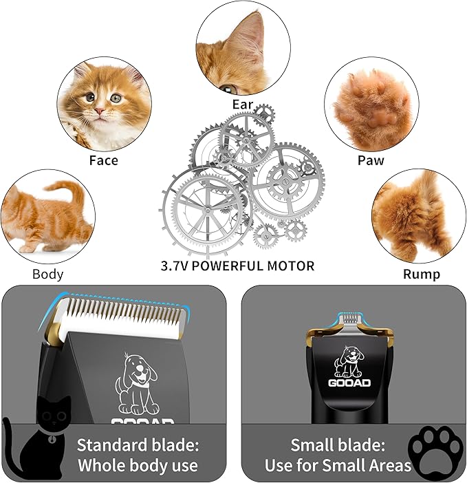 Cat Clippers, Professional Cat Grooming Kit, Cordless Cat Grooming Clippers for Thick Coats, Cat Hair Trimmer, Low Noise Cat Shaver Clippers, Quiet Pet Hair Clippers Tools for Cats Dogs (Black)
