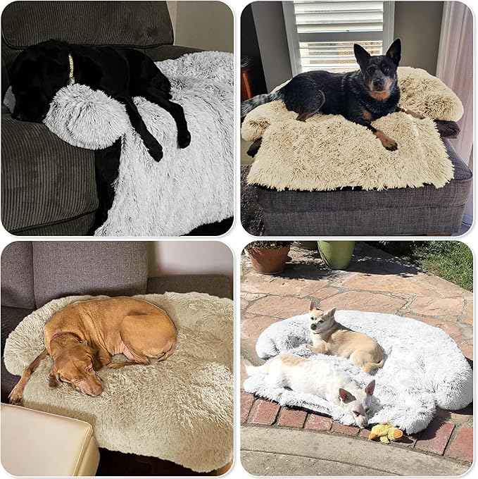 Calming Dog Bed Fluffy Plush Dog Mat for Furniture Protector with Removable Washable Cover for Large Medium Small Dogs and Cats (Small(35x31x5),Beige)