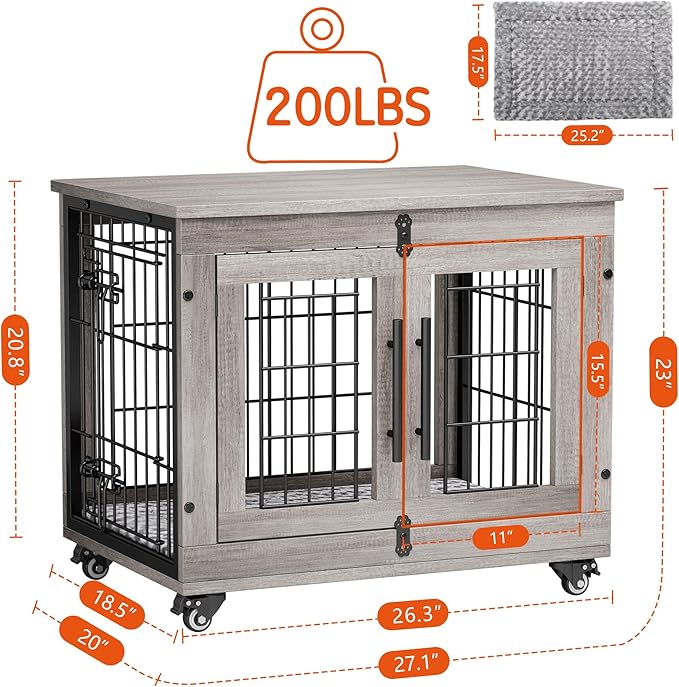 Lulive Small Dog Crate Furniture, Dog Kennel Indoor Double Doors Wooden Dog Cage, 27.1'' Heavy Duty Dog Crate with Cushion & Wheels, Decorative End Table Pet House Chew-Resistant for Small Dogs, Grey