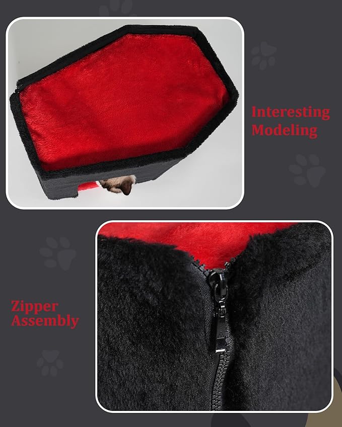Gothic Cat Condo Cave for Indoor Cats, Spacious Indoor Coffin Cat House Bed,Large 20x13.5inch Bunk Perch, Stable Cubbie for Pets Rabbits, Halloween Red Black