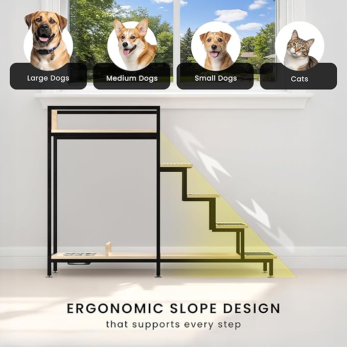 Dog Window Perch with Stairs - Multilevel Perch to Look Out Window with 130 lbs Load Capacity - Pet Bunk Bed with Feeding Station & Anti-Slip Carpet (Natural Color)