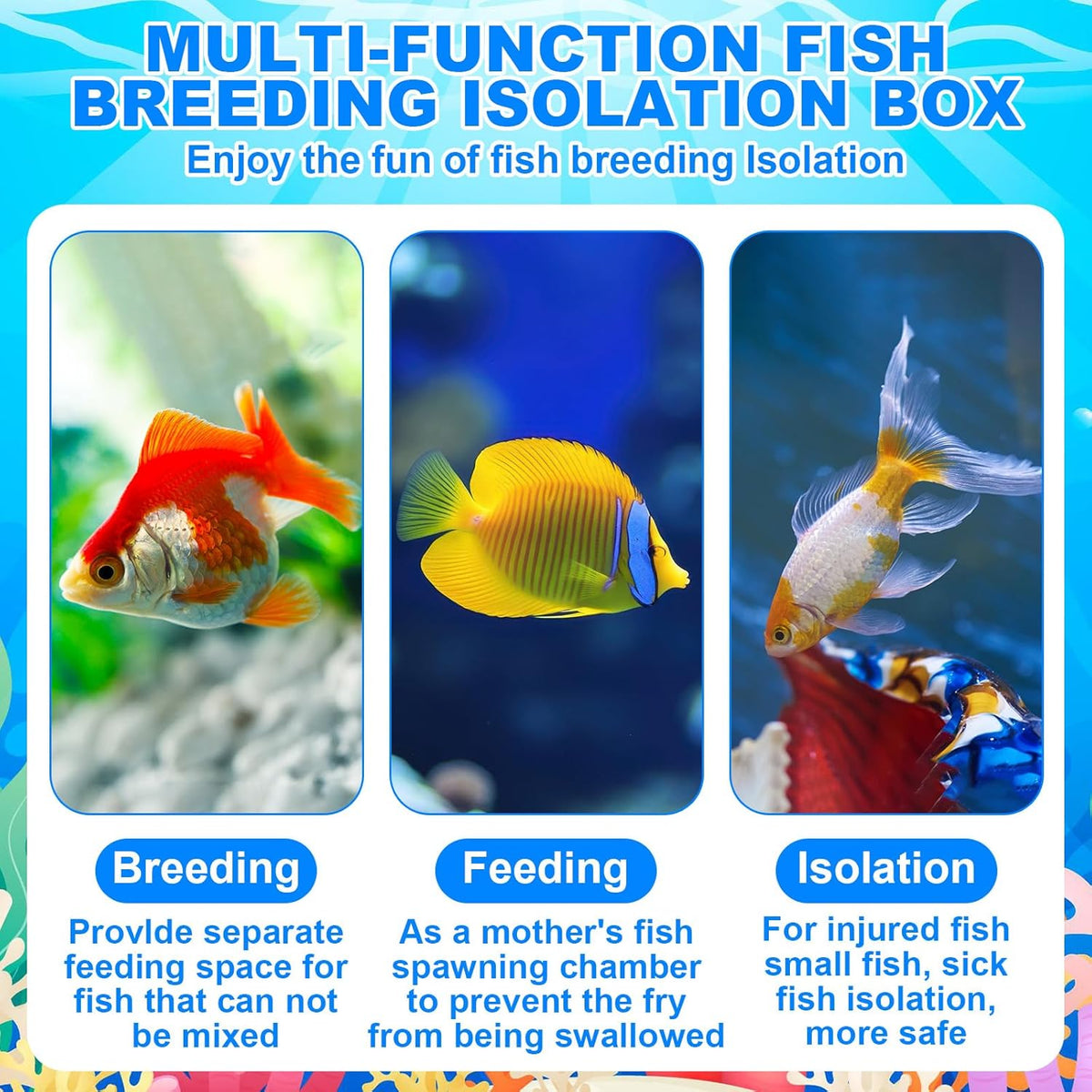 2 Pcs Breeder Box for Fish Tank Aquarium Breeder Separation Net Breeding Box with Suction Cup for Small Fish Shrimp Clownfish Guppy(Blue,L)