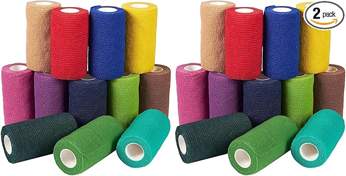 Juvale 12 Rolls Colorful Self Adhesive Bandage Wrap 4 Inch Wide x 5 Yards - Cohesive Vet Tape for First Aid, Sports, Tattoo (12 Colors) - Vet Wrap (Pack of 2)