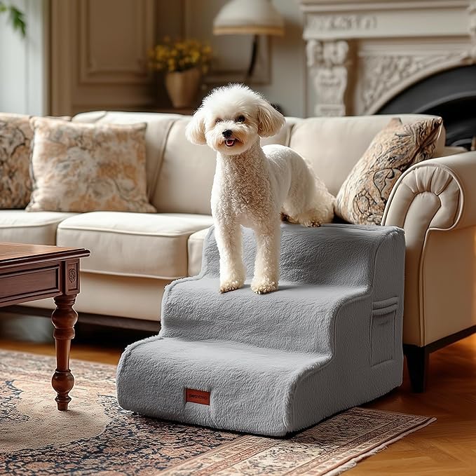 PETNOVO Ultra-Soft Rabbit Fur-Like Dog Stairs for Couch/Bed, Luxury Comfort 3-Step for Small & Senior Dogs, Non-Slip, Removable Washable Cover, Oeko-TEX Certified, 22.4" D x 15.7" W x 15.7" H, Gray