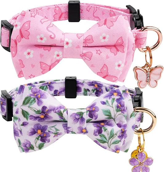 2 Pack Cotton Cat Collar with Bow Tie and Bell for Girl Boy Cats,Cute Pink Flamingo and Blue Whale Pattern Spring Summer Breakaway Cat Collar for Male Female Cats (Butterfly&Violet)
