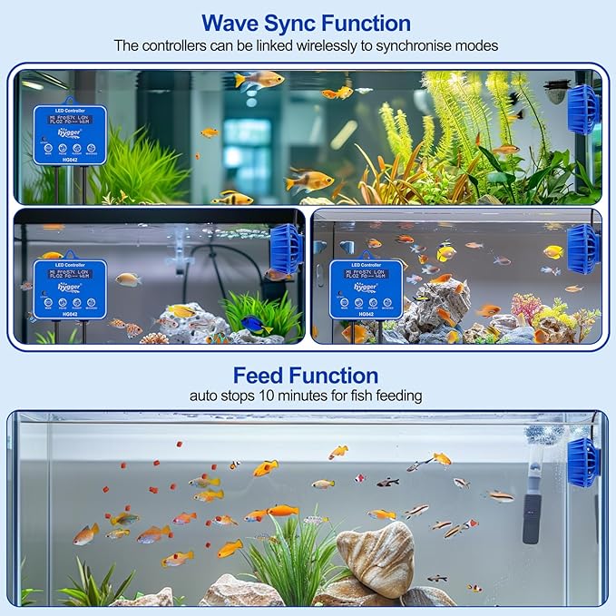 hygger Freshwater Saltwater Aquarium Wave Maker with Controller, Adjustable Flow Magnetic DC 24V Powerhead Circulation Pump 6 Wave Modes for 75-220 Gallon Coral Reef Tank 3400gph