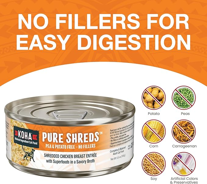 KOHA Pure Shreds Chicken Entrée for Cats, High Protein Wet Cat Food, 5.5oz Cans (Pack of 12)