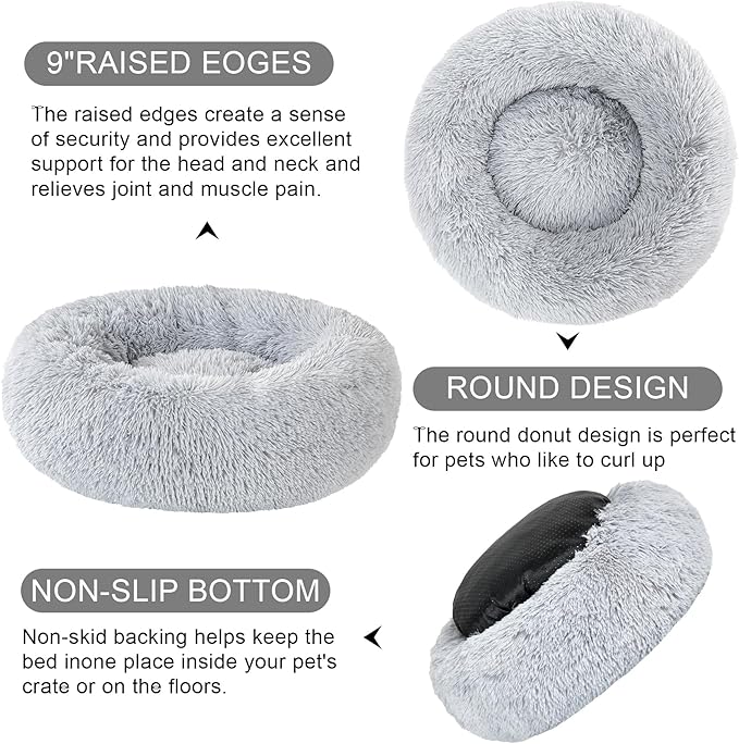 Dog Calming Beds for Small Medium Dogs - Round Donut Washable Dog Bed, Anti-Slip Faux Fur Fluffy Donut Cuddler Anxiety Cat Bed(Light Grey 32")