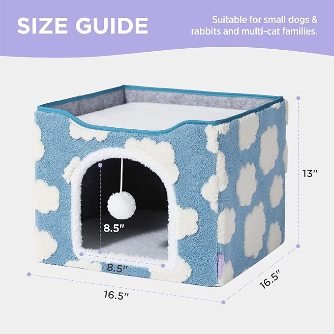 LE SURE Indoor Cat Beds Kitten House - Large Cat Cave for Pet Cube with Fluffy Ball Hanging, Foldable Small Aminal Hideaway, 17 Inches, Cozy Clouds Blue