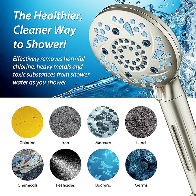AquaCare High Pressure 10 Spray Mode Filtered Showerhead - Handheld Shower Head Filters Chlorine to Heal Dry Skin, Revive Hair - Dual Power Wash Cleans Tub, Tile, Pets - Hard Water Softener, Nickel