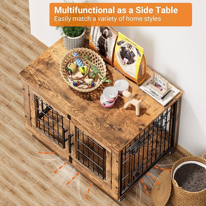 Lulive Dog Crate Furniture, Dog Kennel Indoor Double Doors Wooden Dog Cage, 32'' Heavy Duty Dog Crate with Cushion & Wheels, Decorative End Table Pet House Chew-Resistant for Medium/Small, Brown