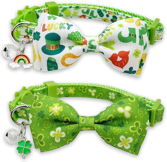 2 Pack St. Patrick Day Cat Collar with Bow Tie,Holiday Kitty Kitten Collar with Bell for Male Female Boys and Girls (Luckyclover)