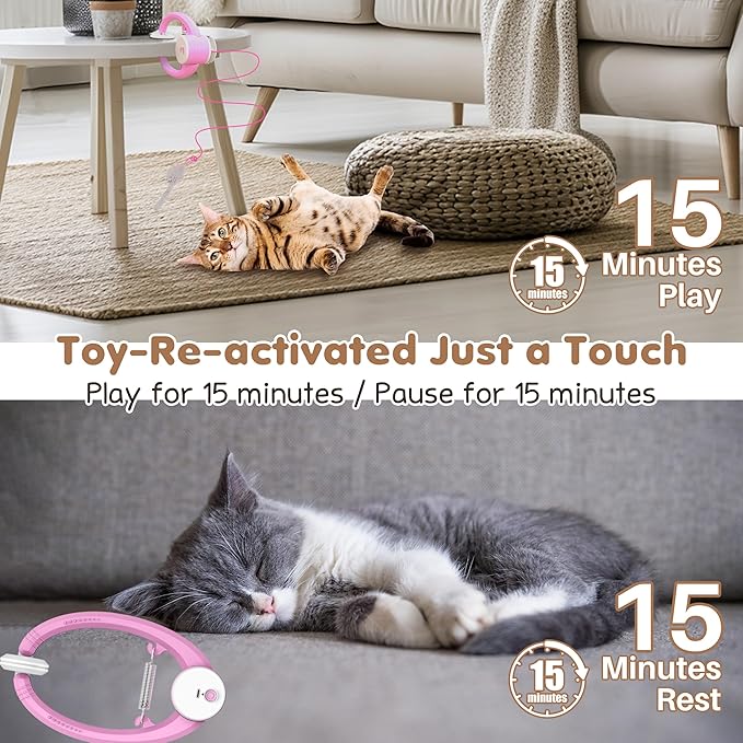 Interactive Cat Toys Rechargeable, Feather Toy for Indoor Cat, Hanging Retractable Teaser Toy, Automatic Kitten Play Chase Exercise Toys with Three Plush Mouse, USB Powered (Pink)