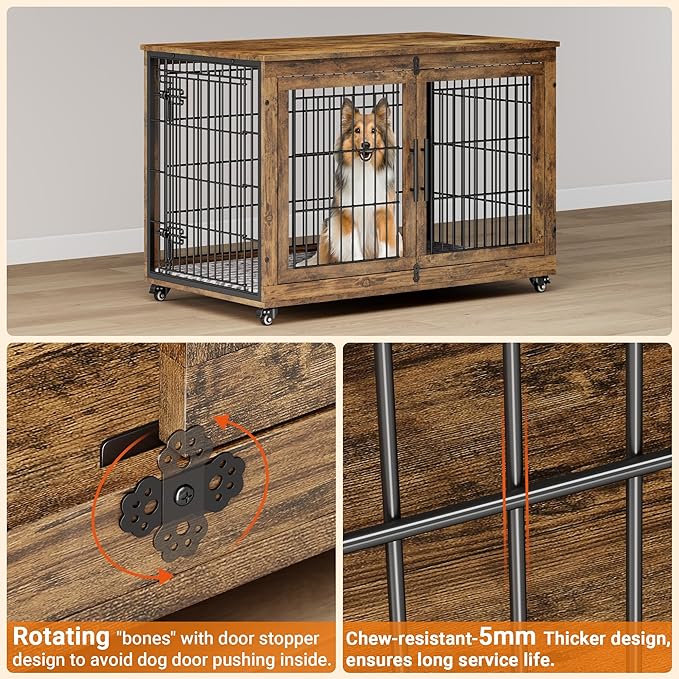 Lulive Dog Crate Furniture, XL Wooden Dog Kennel Indoor Double Doors Dog Cage, 44'' Heavy Duty Dog Crate with Cushion & Wheels, Decorative End Table Pet House Chew-Resistant for Large Dogs, Brown