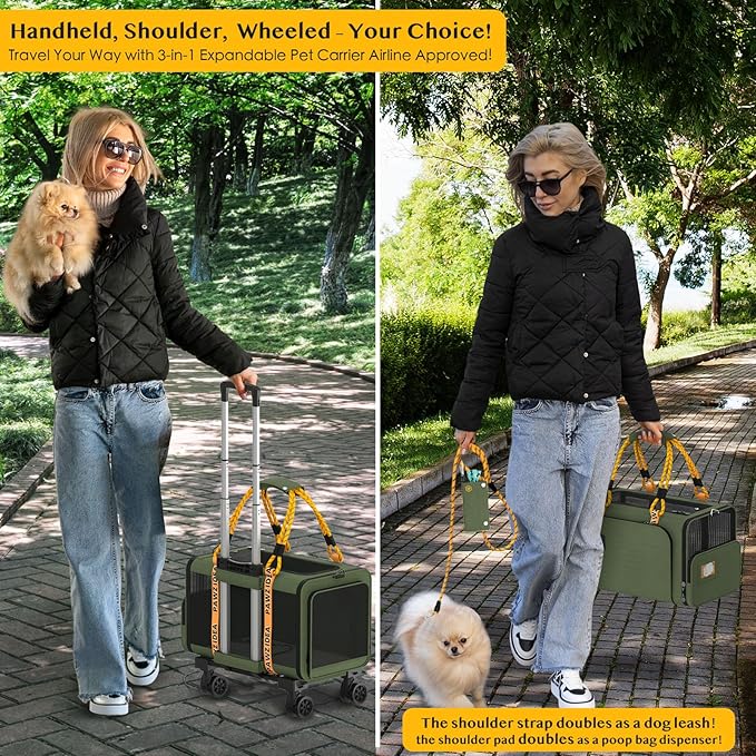 PAWZIDEA Expandable Pet Carrier with Wheels, 18X11X11 TSA Airline Approved Cat Carrier w/ID Card for 2 Cats, Small Dog Carrier Car Seat Travel Bag, Max Weight Recommendation 18 lbs，Green