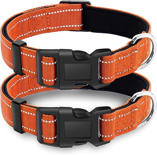 2 Pack Reflective Dog Collar with Safety Locking Buckle, Adjustable Soft Breathable Comfortable Nylon Pet Collar for Small, Medium and Large Dogs, Orange, XS