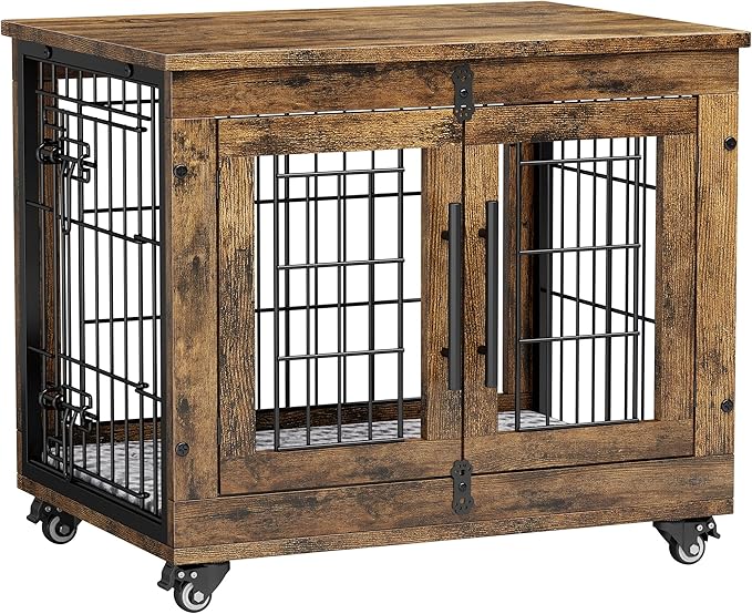 Lulive Small Dog Crate Furniture Set of 2, Dog Kennel Indoor Double Doors Wooden Dog Cage, 27' Heavy Duty Dog Crate with Cushion & Wheels, End Table Pet House Chew-Resistant Up to 30 lb, Rustic Brown