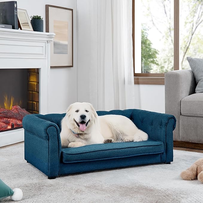 Dog Sofa Couch for Medium to Large Dogs, 31" Memory Foam Dog Couch with Washable Fabric, Removable Cushion, Sofa Bed for Medium and Large Dogs, Blue