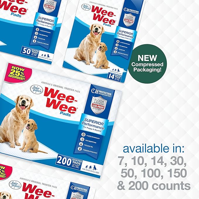 Four Paws Wee-Wee Superior Performance Unscented Pee Pads for Dogs & Puppies, Quilted Leak-Proof Dog Housebreaking Potty Training Floor Protection, 22" x 23", 150 Count