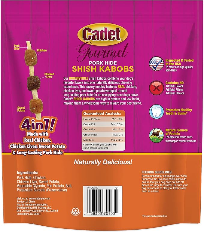 Cadet Gourmet Shish Kabob Dog Treats for Small Dogs, Healthy Natural Chicken, Duck, & Sweet Potato Chews, Pork Hide, 5-Inch Sticks, 18 Count