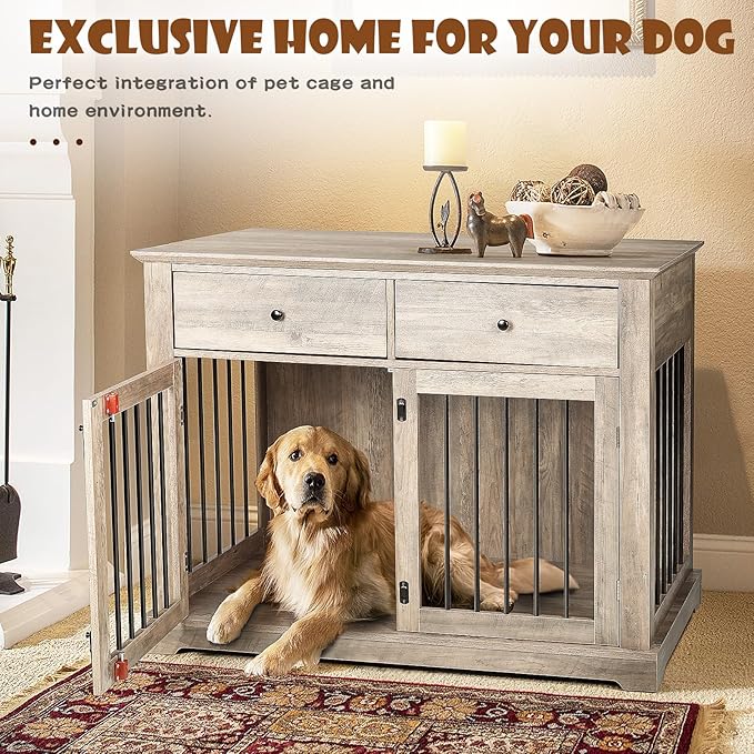 LEMBERI 44 Inch Large Dog Crate Furniture, Wooden Dog Kennel End Table with Storage Drawers, Decorative Pet Cage Dog House Indoor for Dogs